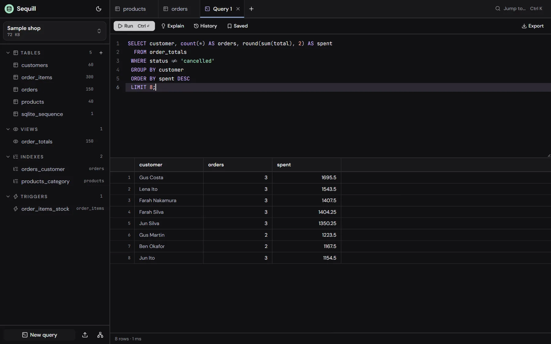 The SQL console: a query over the order_totals view and its eight result rows.
