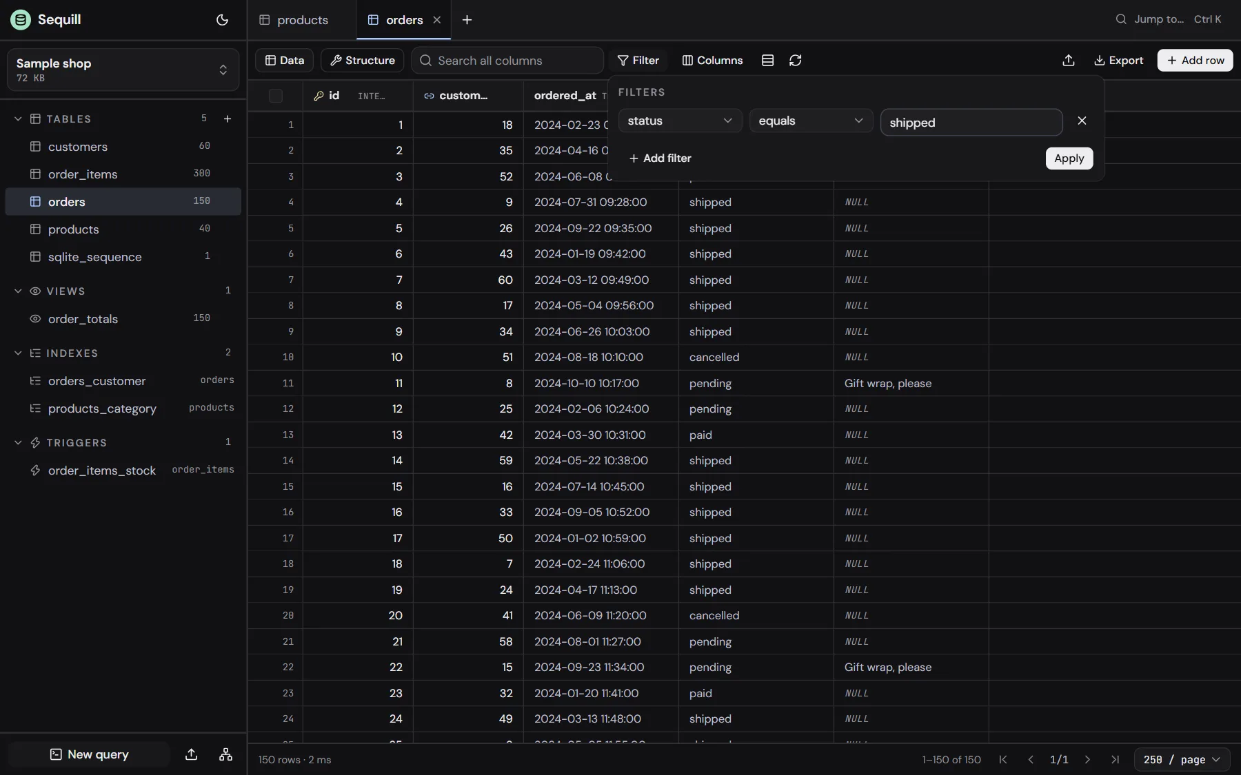 The filter builder on the orders table: status equals shipped.